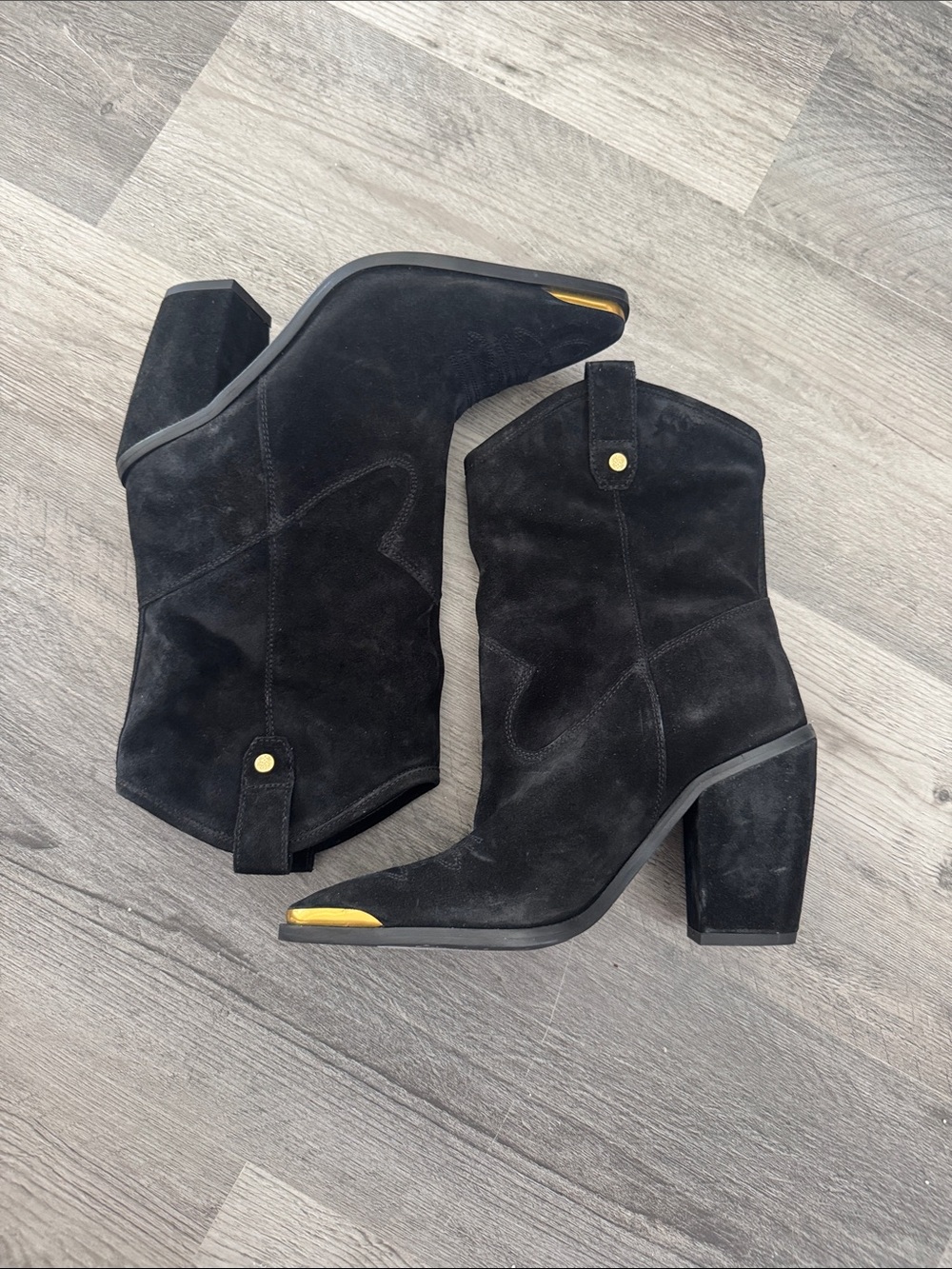 Vince Camuto Black Suede Ankle Boots with Gold Toe Accent Size 6R